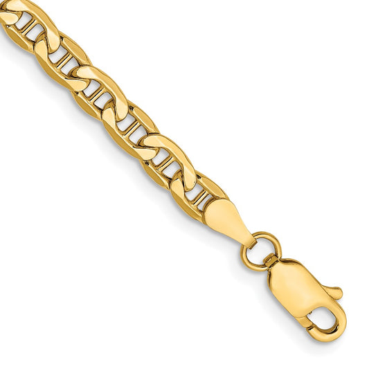 14K Yellow Gold 8 inch 4mm Semi-Solid Anchor with Lobster Clasp Bracelet