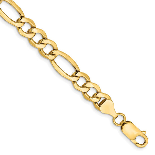 14K Yellow Gold 7 inch 7.3mm Semi-Solid Figaro with Lobster Clasp Bracelet