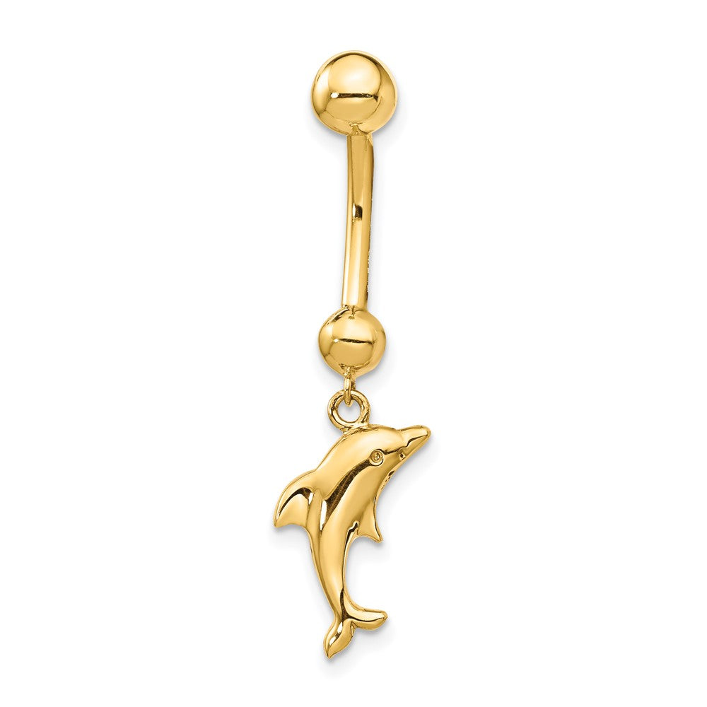 14k Yellow Gold 14 Gauge Dolphin Dangle Belly Ring
