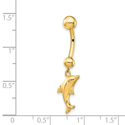 14k Yellow Gold 14 Gauge Dolphin Dangle Belly Ring