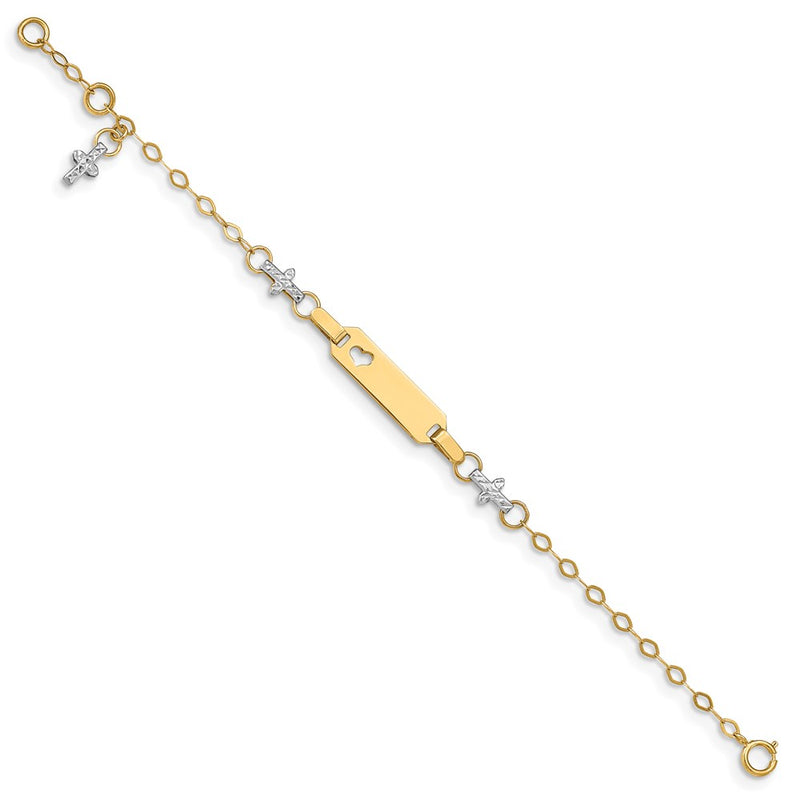 Solid 14K Two-tone Gold Baby Polished and Textured Cross w/1in ext. ID Bracelet