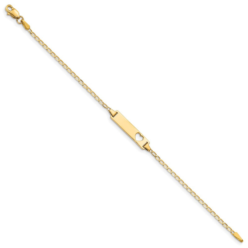 Solid 14K Yellow Gold Cut-out Heart Flat Curb Link ID Bracelet