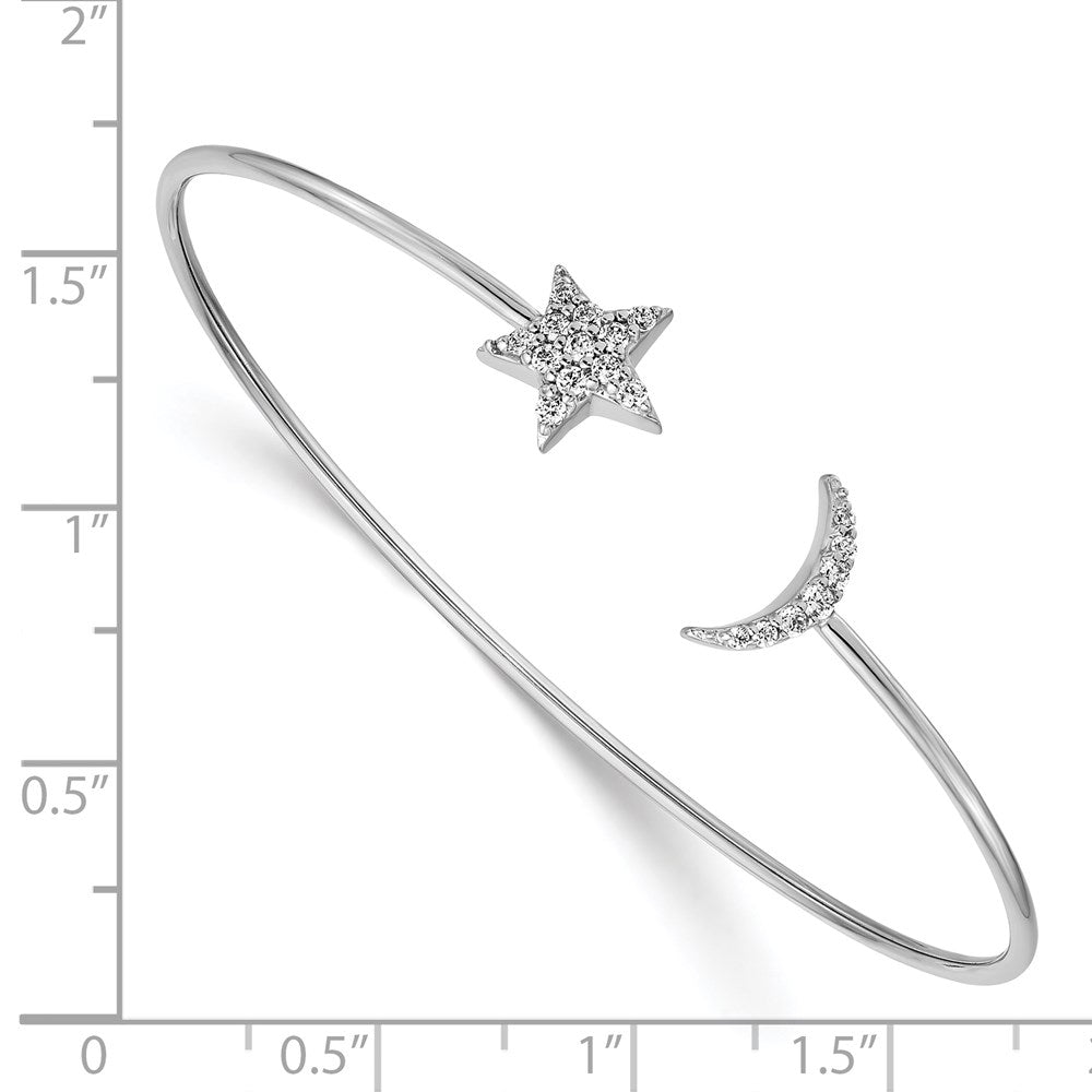 14k White Gold Natural Diamond Moon and Star Flexible Cuff Bangle