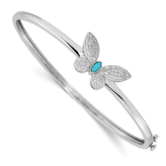 14k White Gold Natural Diamond and Turquoise Butterfly Hinged Bangle