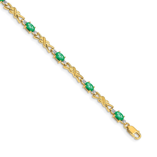 14k Yellow Gold Natural Diamond and Oval Emerald Bracelet