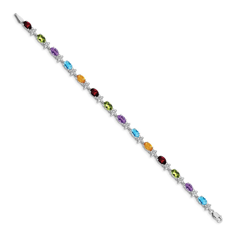 14k White Gold Rainbow Floral Gemstone and Natural Diamond Bracelet