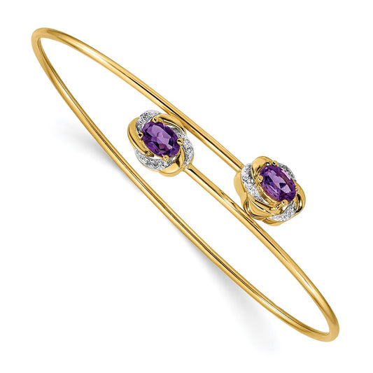 14k Yellow Gold Polished .03ct Natural Diamond and Amethyst Flexible Bangle