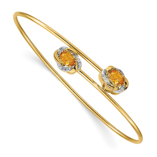 14k Yellow Gold Polished .03ct Natural Diamond and Citrine Flexible Bangle