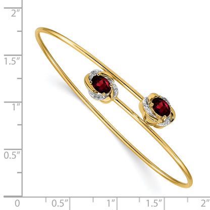 14k Yellow Gold Polished .03ct Natural Diamond and Garnet Flexible Bangle