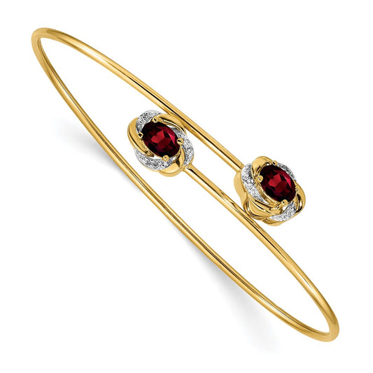 14k Yellow Gold Polished .03ct Natural Diamond and Garnet Flexible Bangle