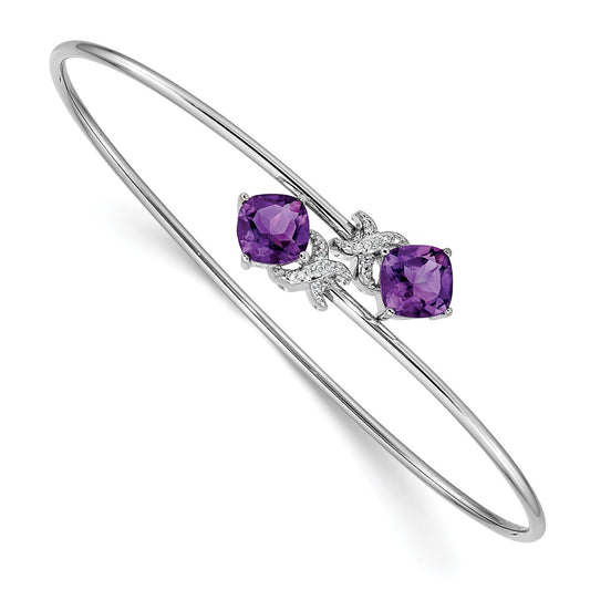 14k White Gold .03ct Natural Diamond and Amethyst Flexible Bangle