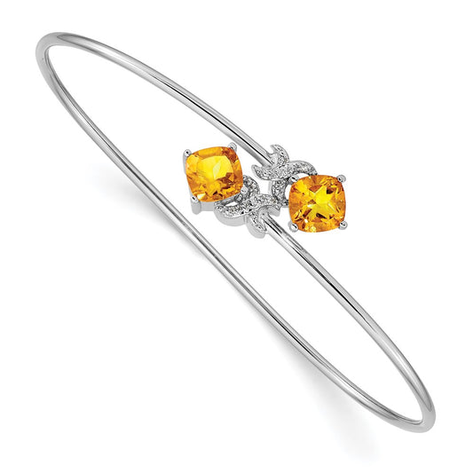 14k White Gold .03ct Natural Diamond and Citrine Flexible Bangle