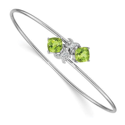 14k White Gold .03ct Natural Diamond and Peridot Flexible Bangle