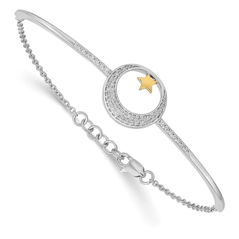14k Two-tone Polish Moon w/Star Natural Diamond 7in w/.5in ext Bracelet