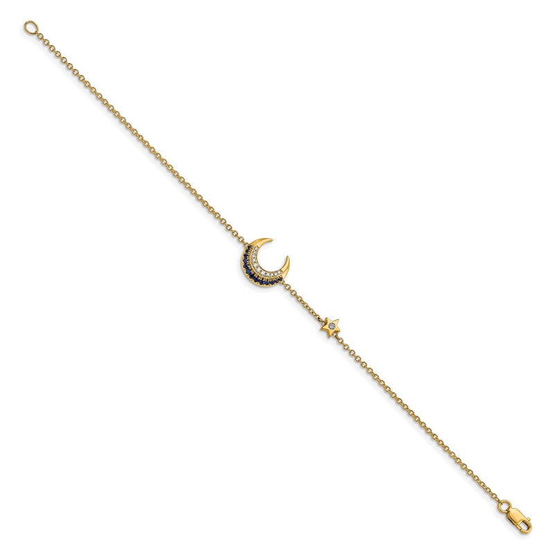 14k Yellow Gold Natural Diamond and Sapphire Moon and Star 7in Bracelet