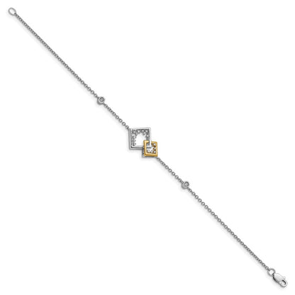 14k Two-tone Polished Double Square Natural Diamond 7in Bracelet
