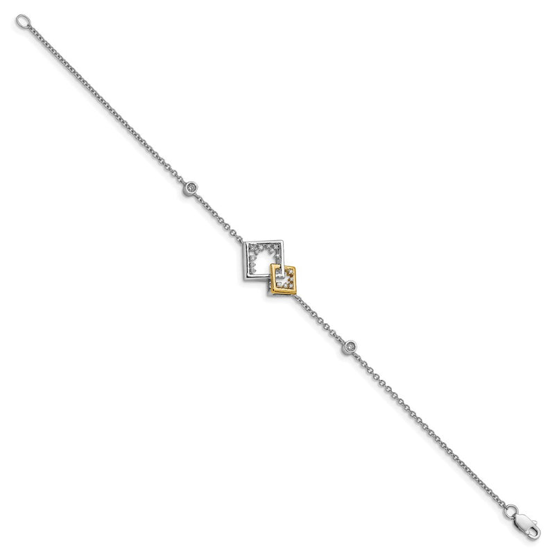 14k Two-tone Polished Double Square Natural Diamond 7in Bracelet