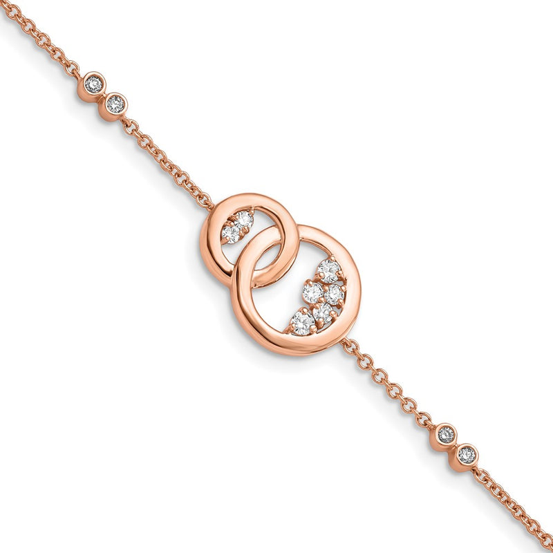 14k Rose Gold Natural Diamond Double Circle w/Star Dangle 7in Bracelet