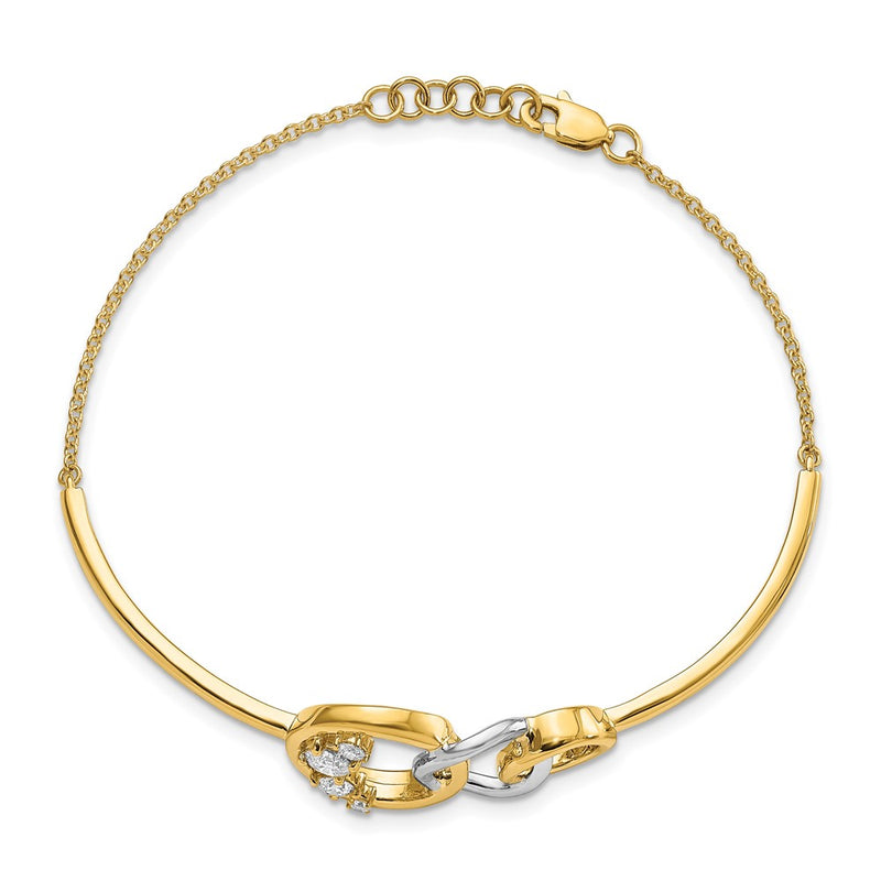 14k Two-tone Polished Natural Diamond Trple Circle Bar 7in w/.5 ext Bracelet