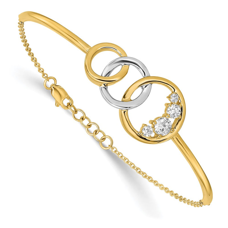 14k Two-tone Polished Natural Diamond Trple Circle Bar 7in w/.5 ext Bracelet