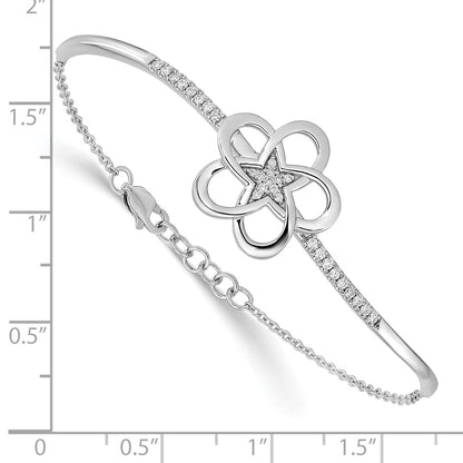 14k White Gold Polished Natural Diamond Flower Bar 7in w/.5 ext Bracelet