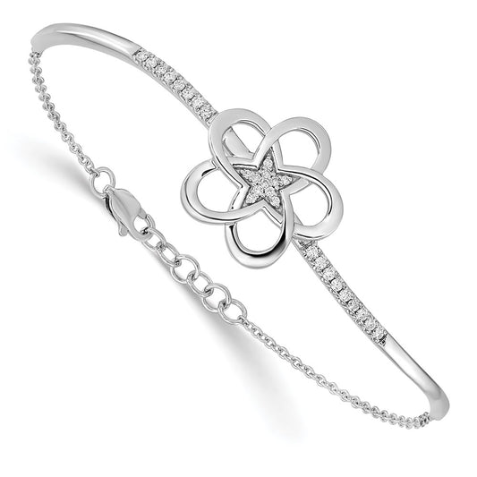 14k White Gold Polished Natural Diamond Flower Bar 7in w/.5 ext Bracelet