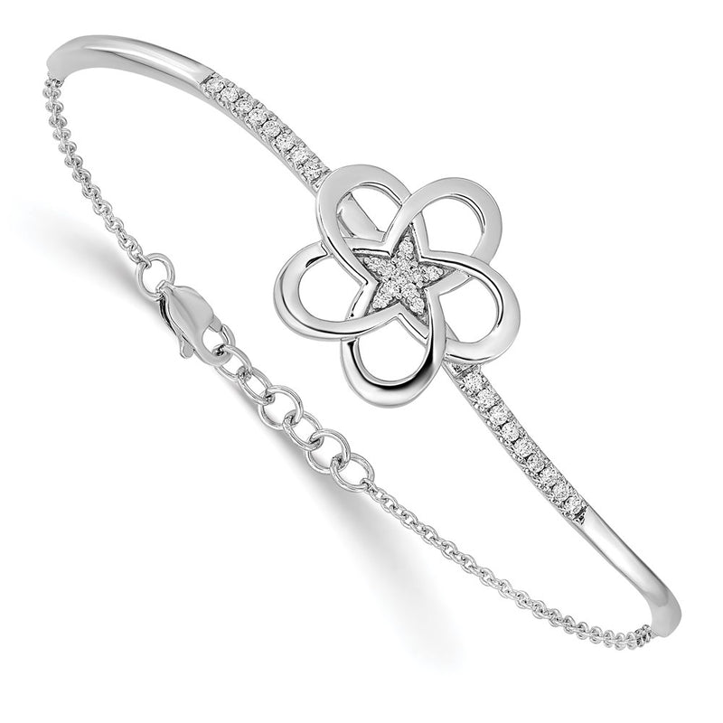 14k White Gold Polished Natural Diamond Flower Bar 7in w/.5 ext Bracelet