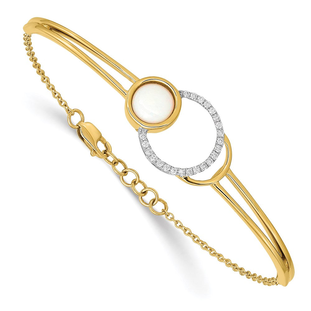 14k Yellow Gold Polished Natural Diamond & Opal Circle Bar 7in w/.5in ext Bracelet
