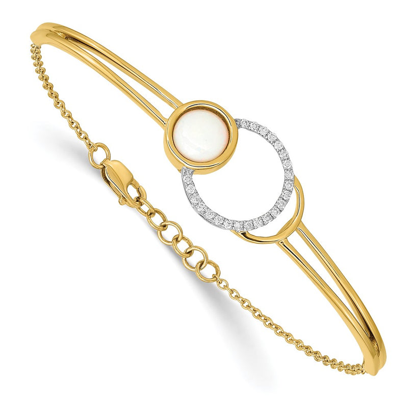 14k Yellow Gold Polished Natural Diamond & Opal Circle Bar 7in w/.5in ext Bracelet