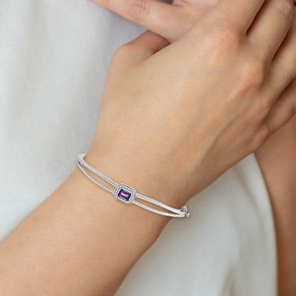 14k White Gold Emerald-shape Amethyst and Natural Diamond Halo Bangle