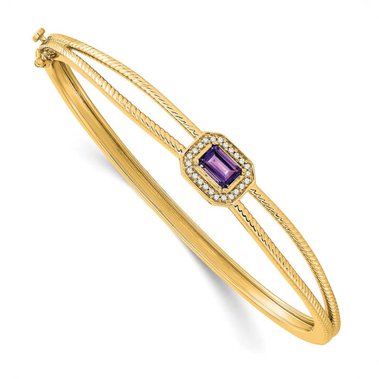 14k Yellow Gold Emerald-shape Amethyst and Natural Diamond Halo Bangle