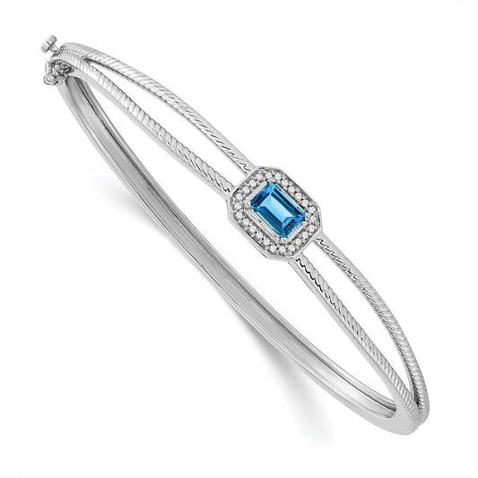 14k White Gold Emerald-shape Blue Topaz and Natural Diamond Halo Bangle