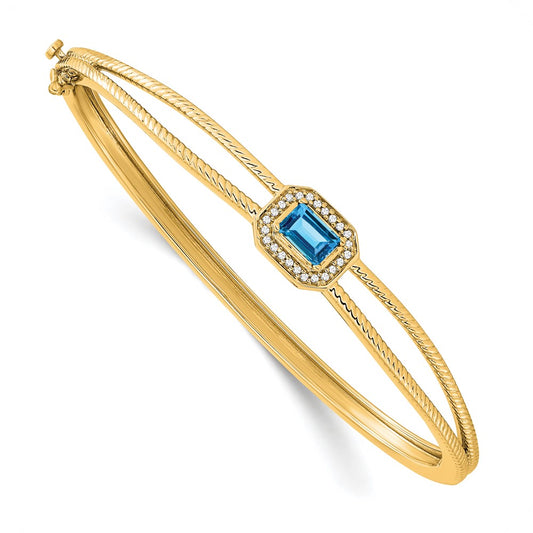 14k Yellow Gold Emerald-shape Blue Topaz and Natural Diamond Halo Bangle