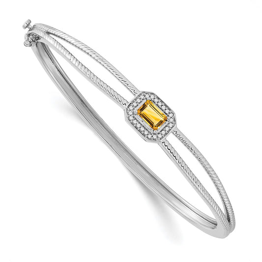 14k White Gold Emerald-shape Citrine and Natural Diamond Halo Bangle