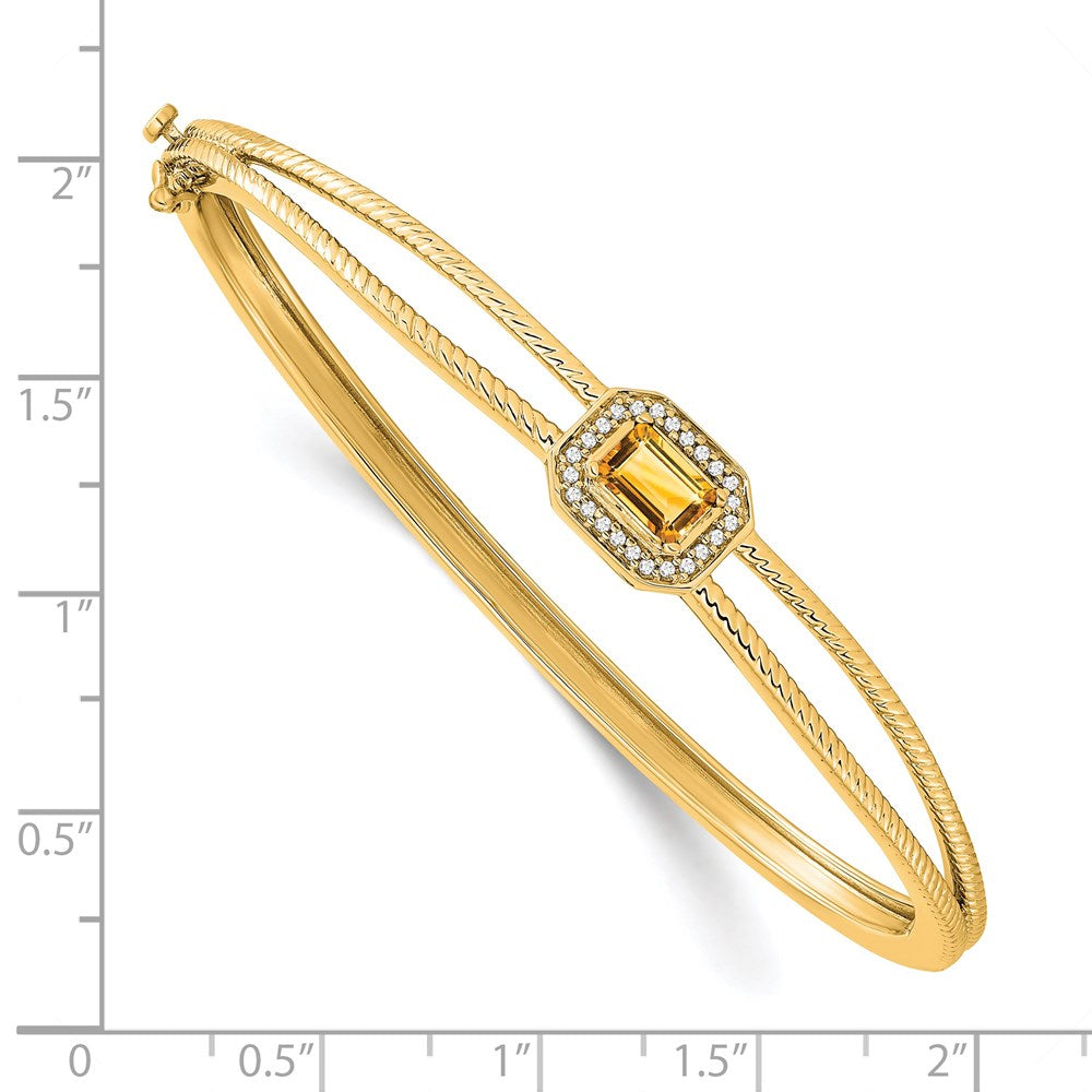 14k Yellow Gold Emerald-shape Citrine and Natural Diamond Halo Bangle