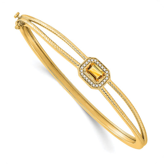 14k Yellow Gold Emerald-shape Citrine and Natural Diamond Halo Bangle