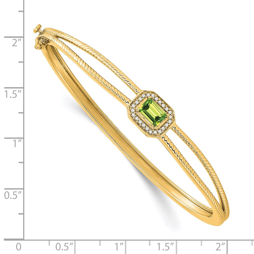14k Yellow Gold Emerald-shape Peridot and Natural Diamond Halo Bangle