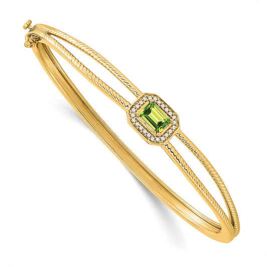 14k Yellow Gold Emerald-shape Peridot and Natural Diamond Halo Bangle
