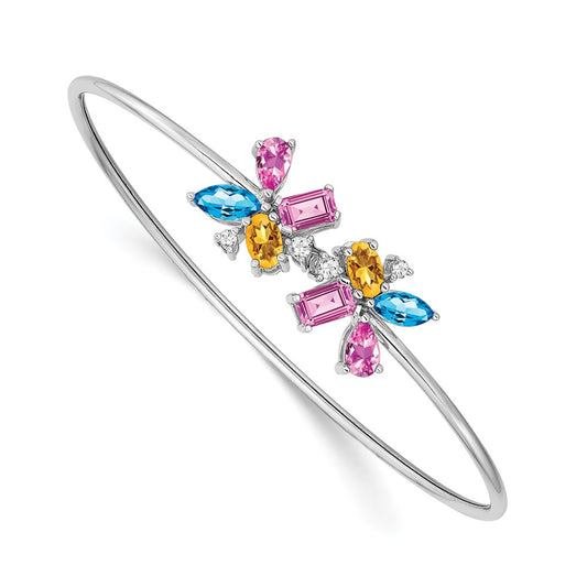 14k White Gold Blue Topaz/Citrine/Cr.Pk. Sapphire/Natural Diamond Bangle