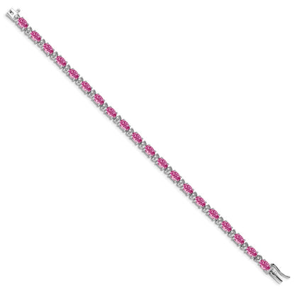 14k White Gold Oval Created Pink Sapphire and Natural Diamond Bracelet
