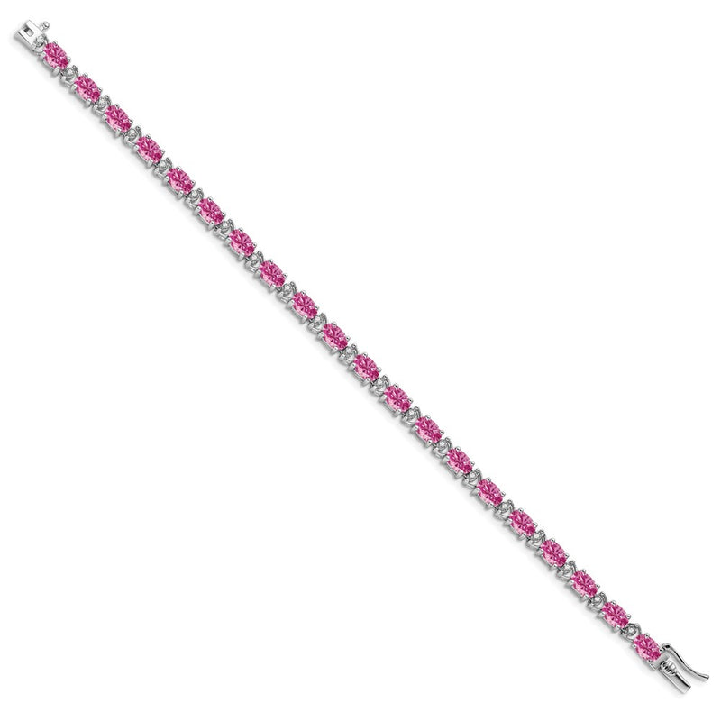 14k White Gold Oval Created Pink Sapphire and Natural Diamond Bracelet