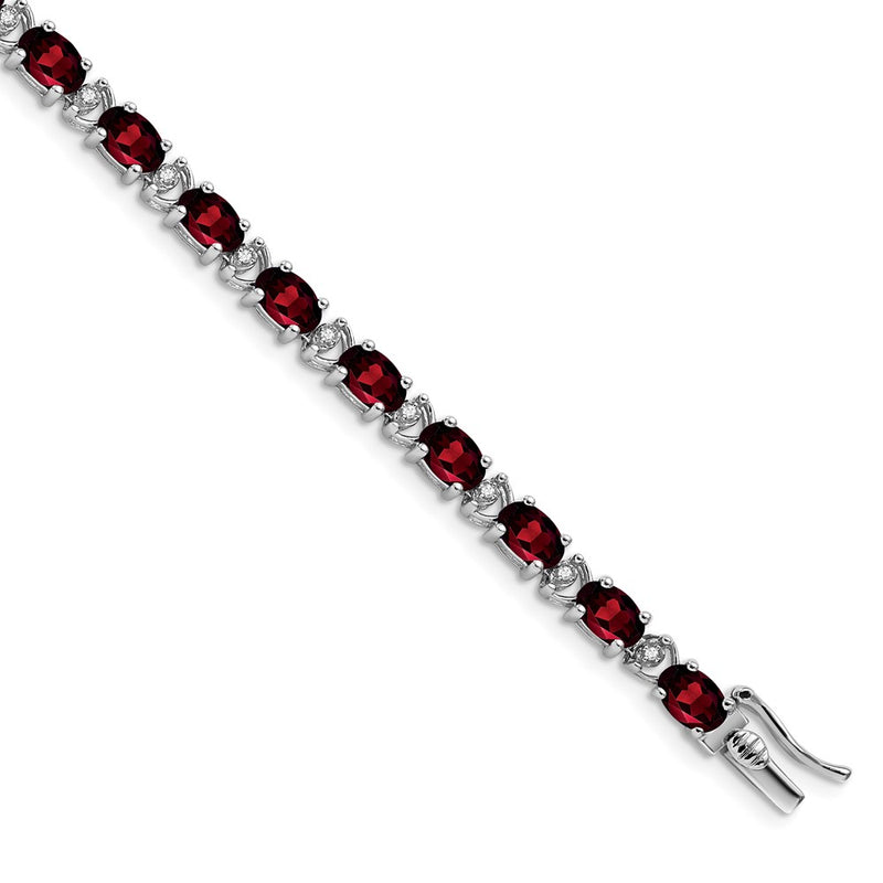 14k White Gold Oval Garnet and Natural Diamond Bracelet