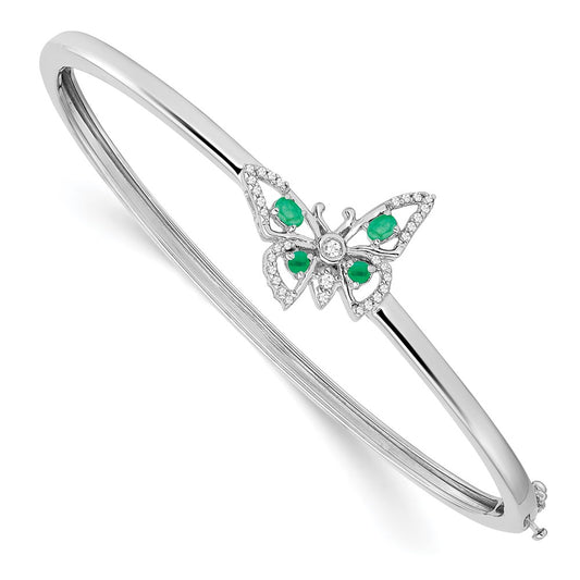 14k White Gold Emerald and Natural Diamond Butterfly Bangle