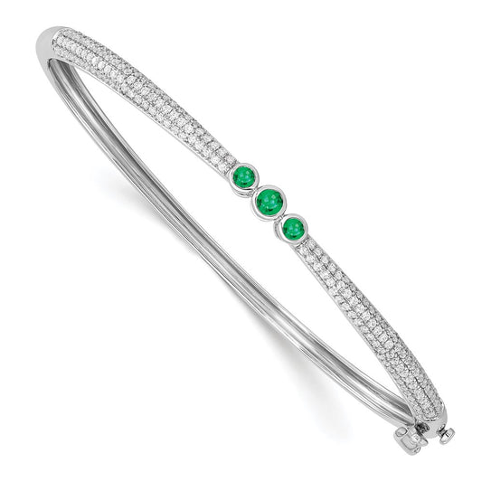 14k White Gold Emerald and Natural Diamond Bangle