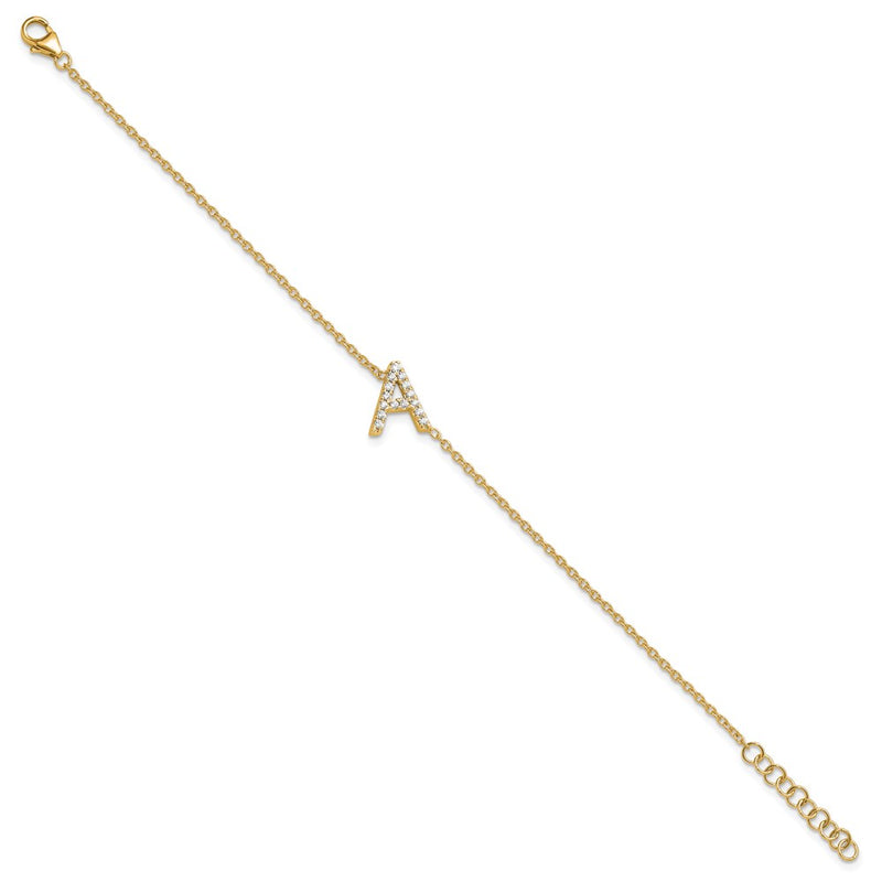 14k Yellow Gold Natural Diamond Sideways Letter A w/ 1in ext. Bracelet