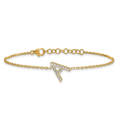 14k Yellow Gold Natural Diamond Sideways Letter A w/ 1in ext. Bracelet