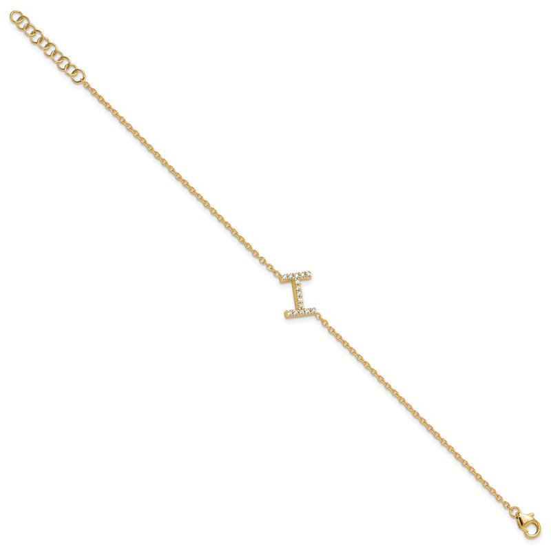 14k Yellow Gold Natural Diamond Sideways Letter I w/ 1in ext. Bracelet