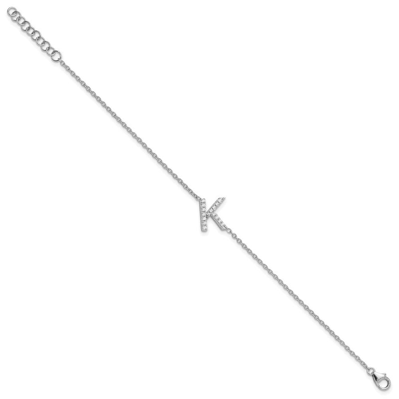 14KW Natural Diamond Sideways Letter K w/ 1in ext. Bracelet
