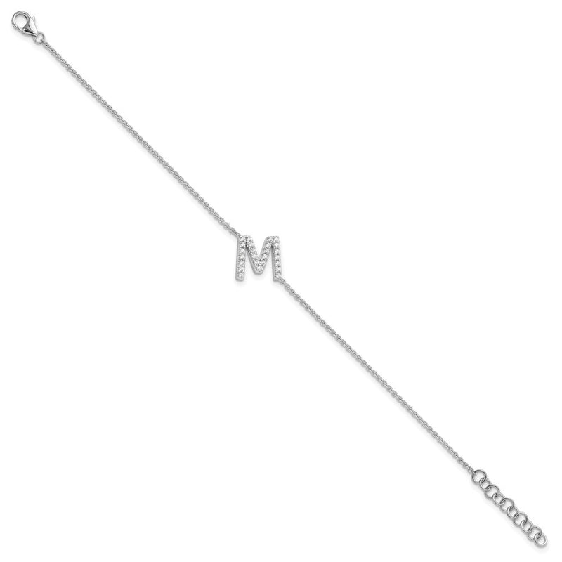 14KW Natural Diamond Sideways Letter M w/ 1in ext. Bracelet