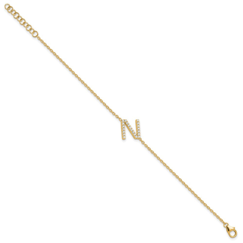14k Yellow Gold Natural Diamond Sideways Letter N w/ 1in ext. Bracelet